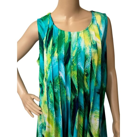 Glamour Plus Size 16W Dress Green Abstract Print Sleeveless Pleated Fully Lined - Picture 3 of 10